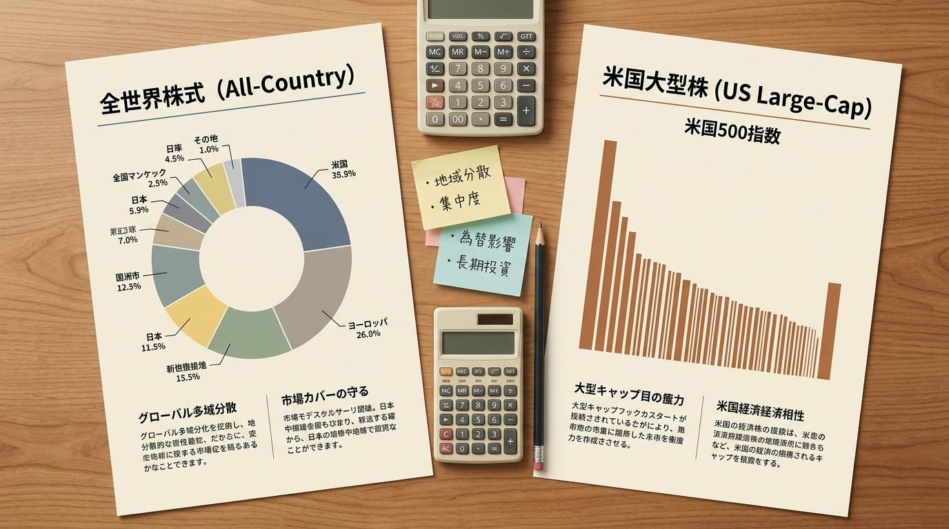 オルカンとS&P500の構成比率を示すグラフの印刷物と電卓、メモを取る手元の写真