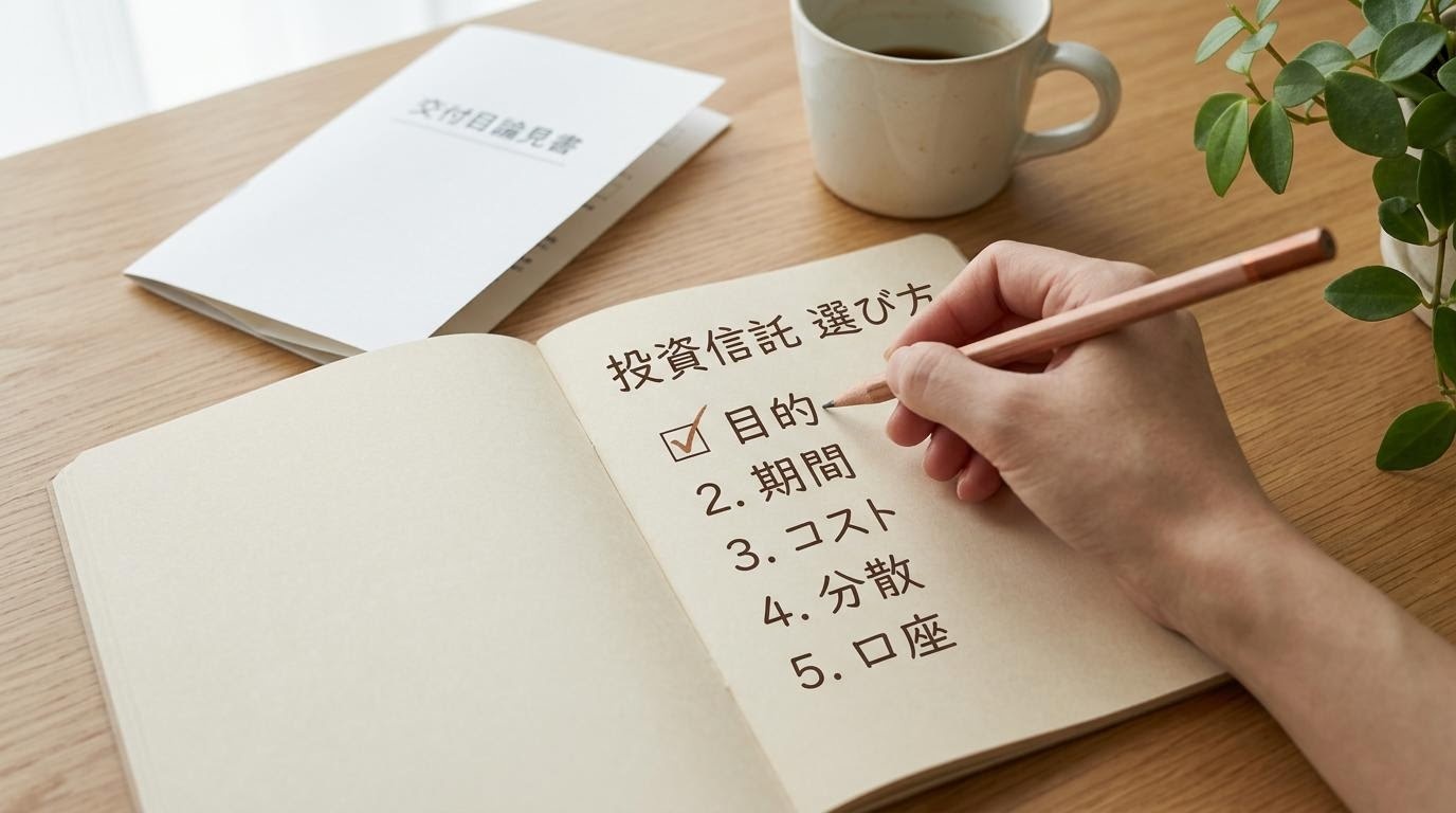 ノートに投資信託の選び方のチェックリストを書き込む読者の手元と、机の端に置かれた目論見書の写真