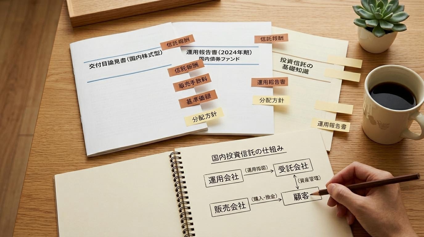 日本語の目論見書と運用報告書が机に並び、信託報酬と販売手数料のページに付箋が貼られた基礎学習の写真