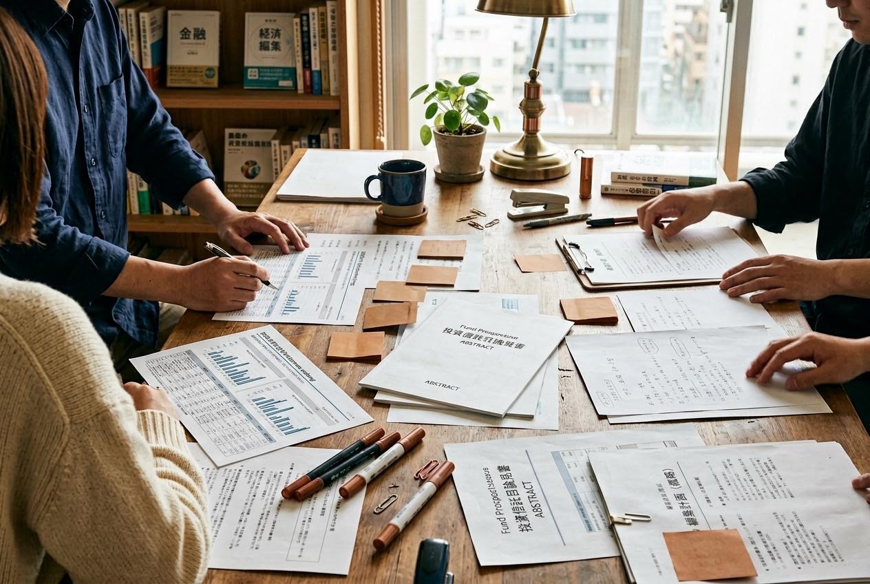 大阪の編集室で、複数のファンド目論見書と運用報告書を広げながら議論する編集デスクの作業風景