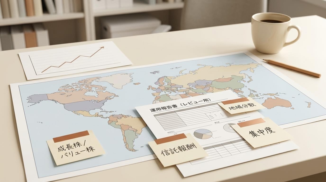 グローバル株式ファンドの運用報告書と世界地図が並び、成長株とバリュー株の区分がメモされた編集机の写真