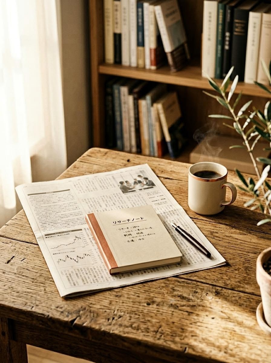 朝の柔らかな光が差し込む木製デスクに、紙の経済紙と陶器のコーヒーカップ、開かれたノートが置かれた静物写真