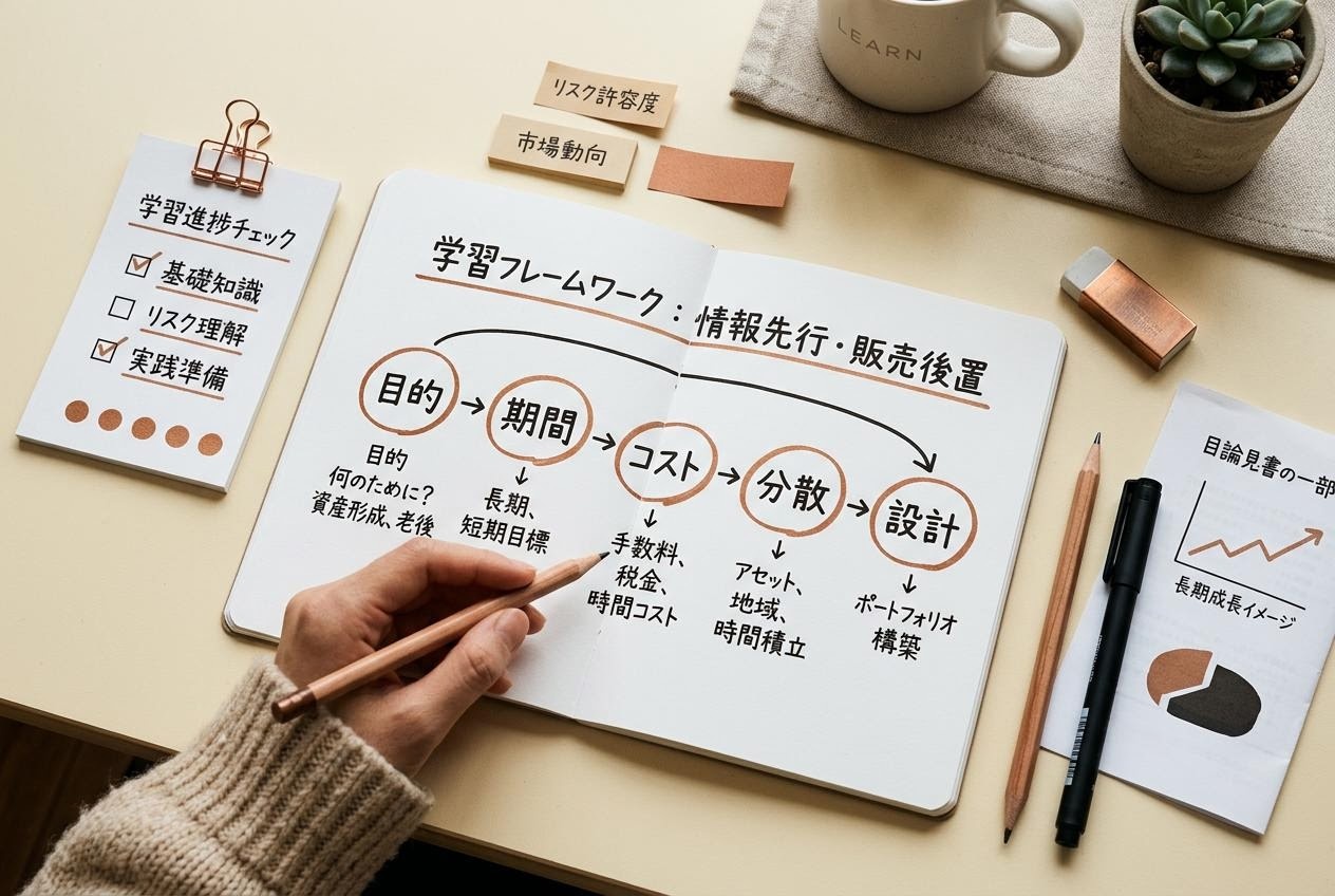学習の枠組みを示す図表、チェックリスト、目論見書の抜粋が並ぶ机の俯瞰写真